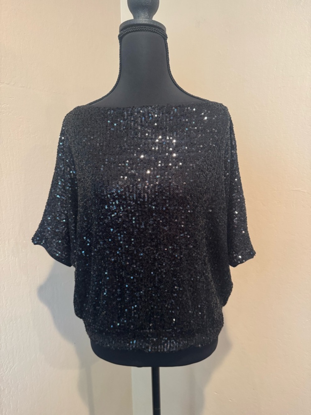 VENUS Black Sequin Short Sleeve Pullover Blouse. Elegant, Formal or For Fun!